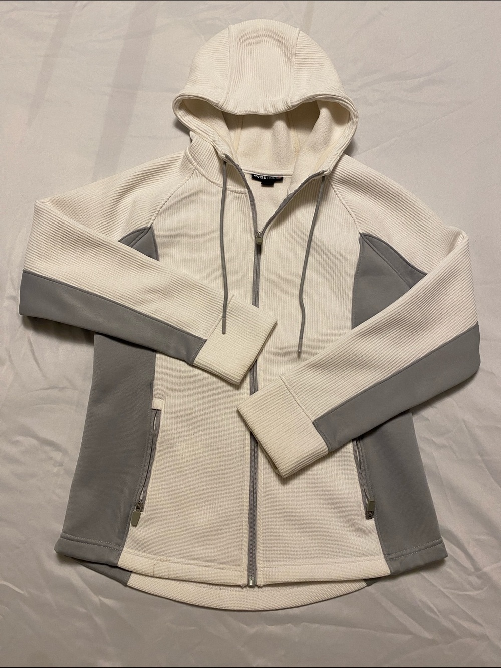 Swiss Tech Cream & Gray Hooded Zip-Up Waffle Knit Jacket